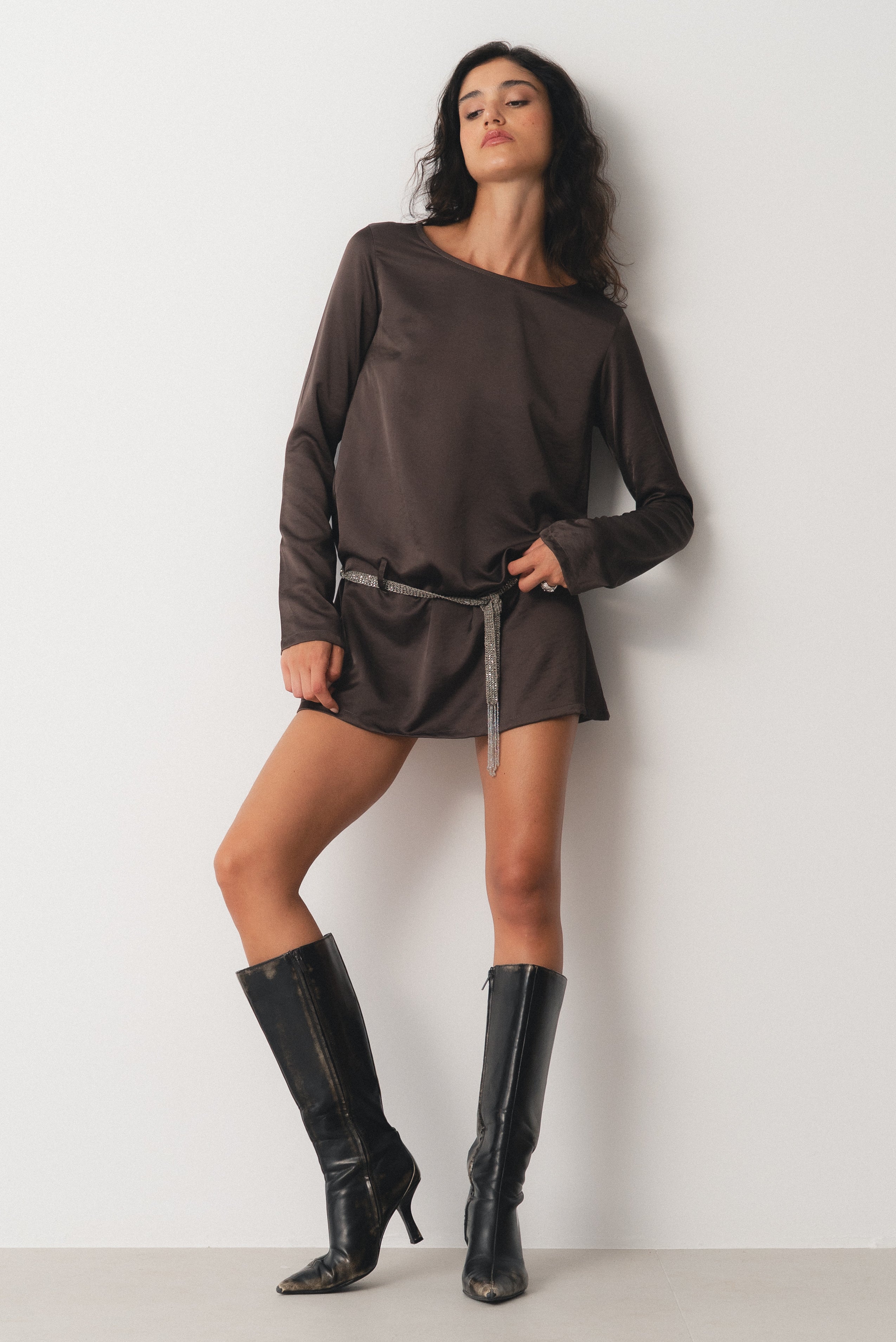 BUCKLE MINI DRESS BROWN