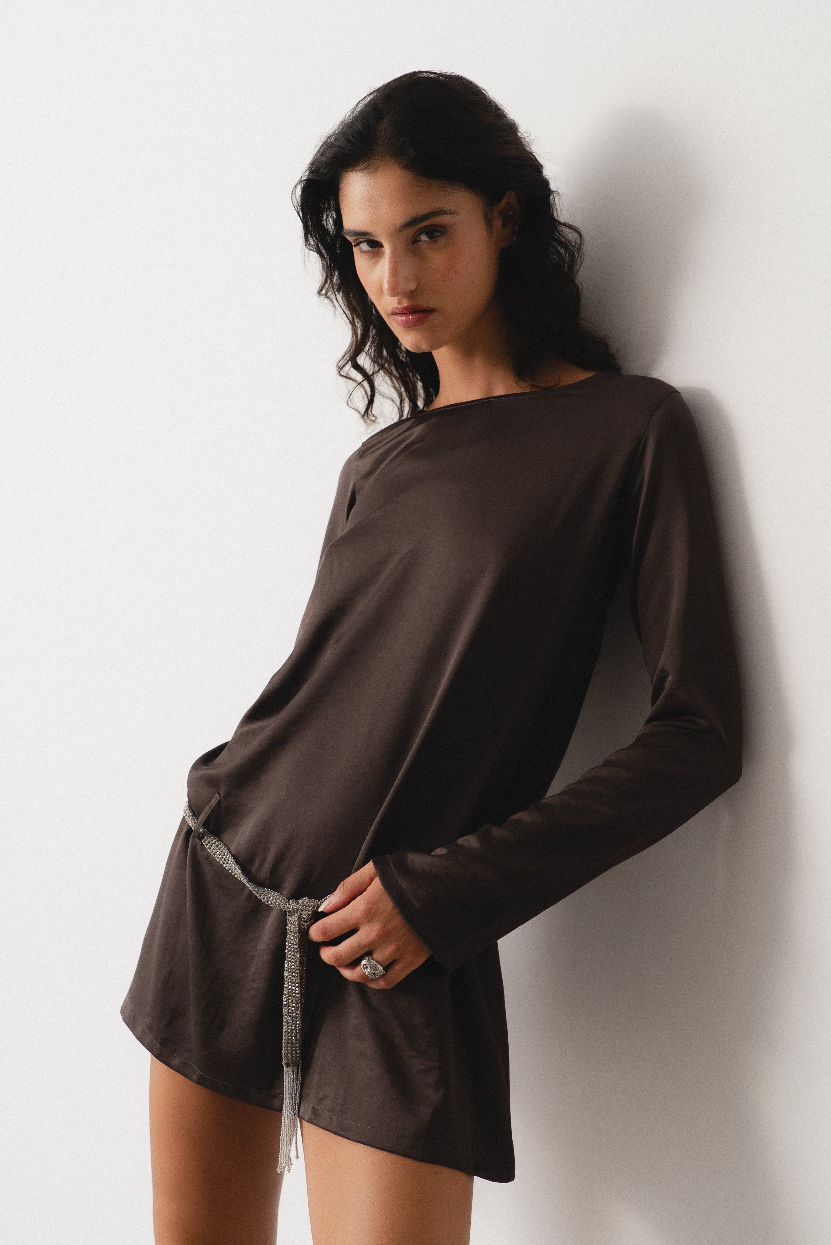 BUCKLE MINI DRESS BROWN