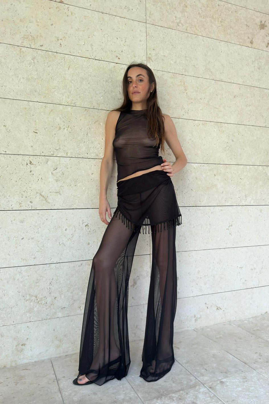 MESH TROUSERS BEADED BLACK